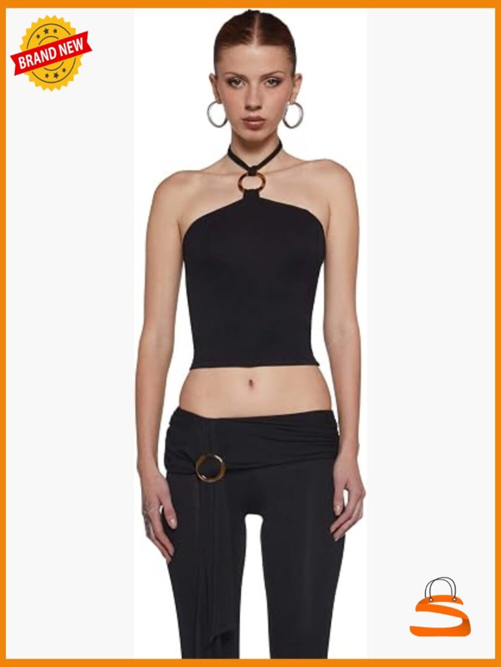 Halter Top with O-Ring Detail Stretch Jersey Fitted Sleeveless